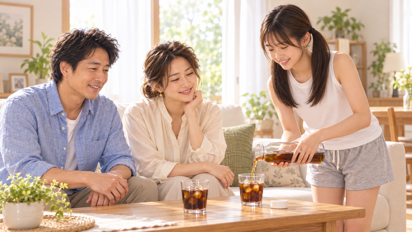 翌朝のリビングで、YUMEがソファに座るTAKERUとKANNAへ水出しアイスコーヒーを注ぐ