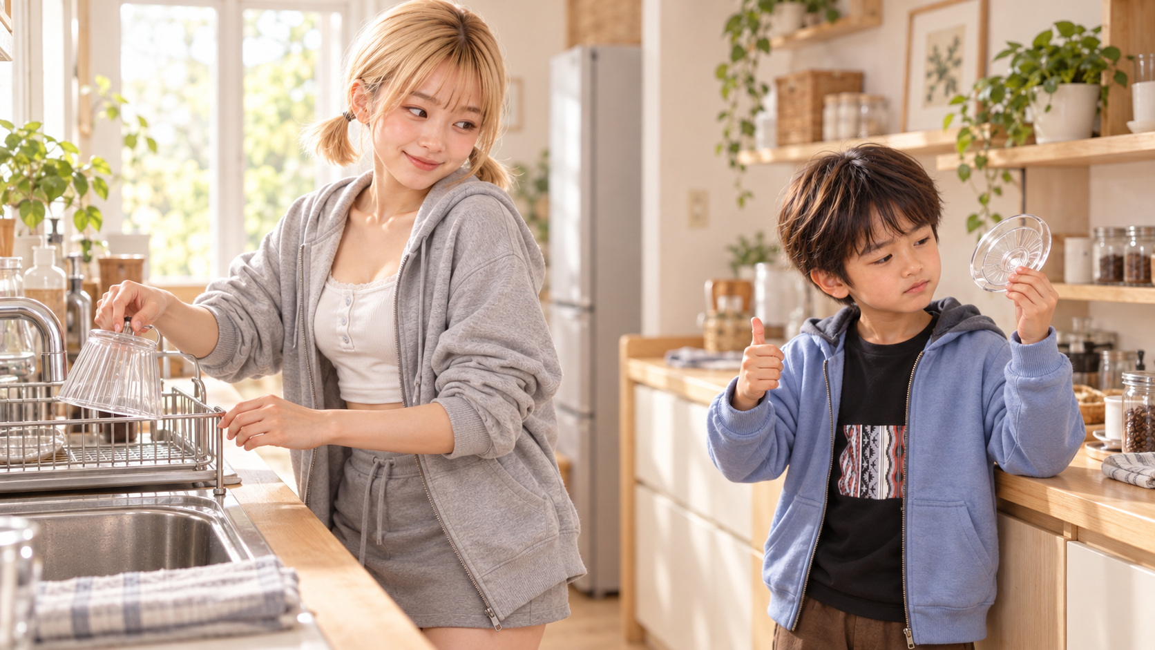 洗ったクレバーを片づけるHINATAと、ふたの水滴を確認して合格の合図をするYUTA