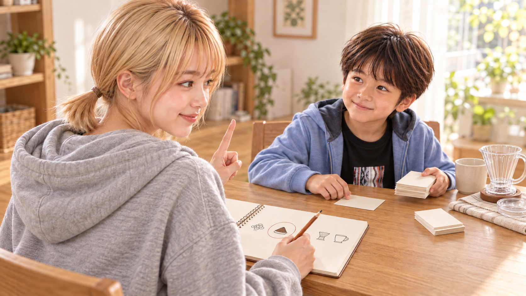 次の一杯で変える条件を一つに絞ろうと、HINATAとYUTAがノートを囲んで相談する