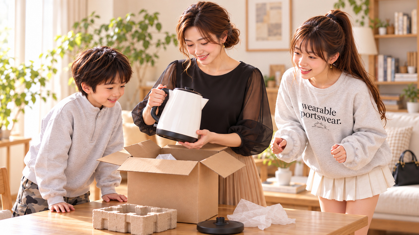 リビングのテーブルで箱から電気ケトルを取り出すKANNAと、箱を覗き込む帽子なしのYUTA、興味津々に近づくYUME