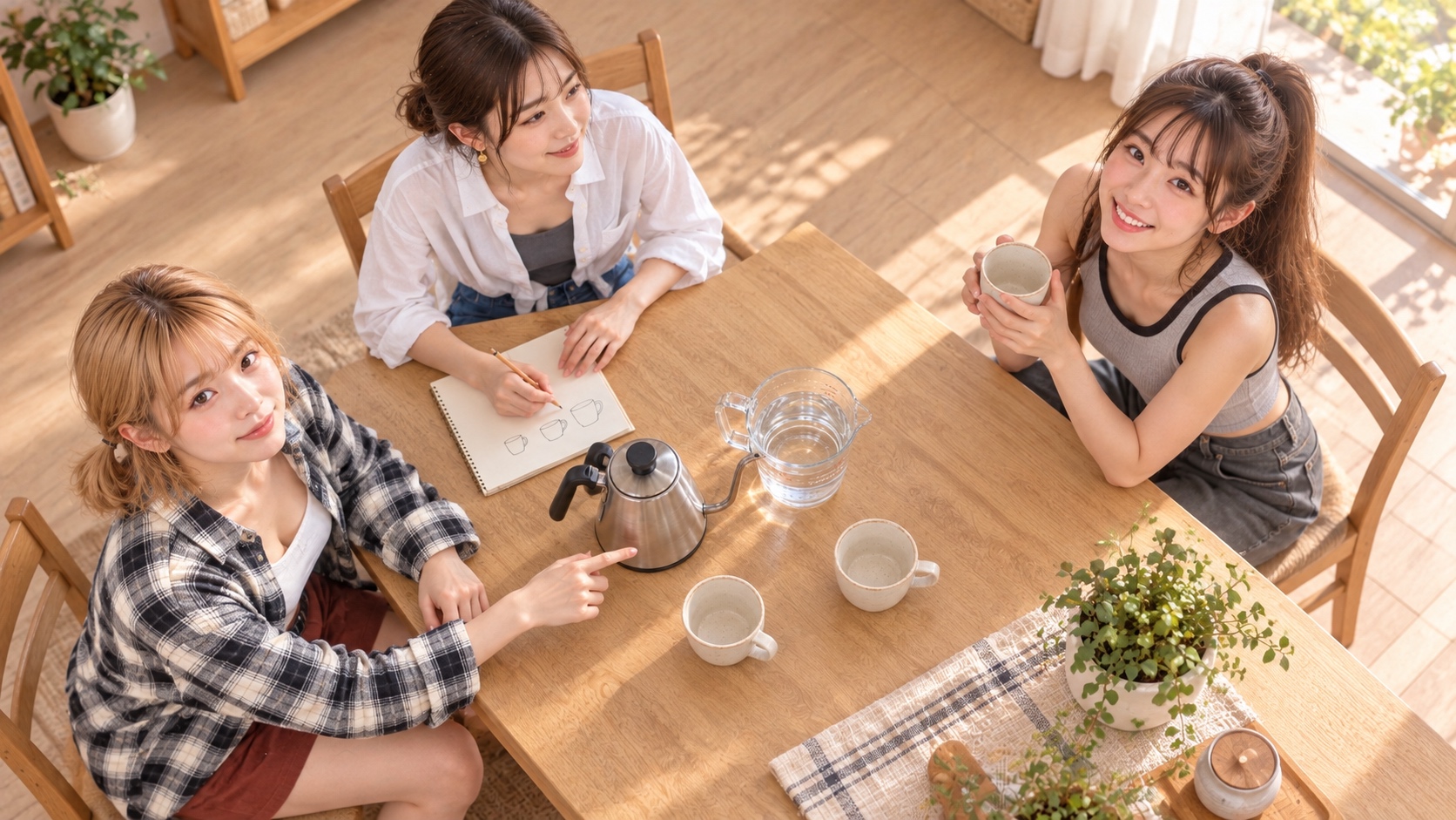 高い俯瞰から、家族3人の顔とケトル、計量ジャグ、普段使うカップを見渡す場面