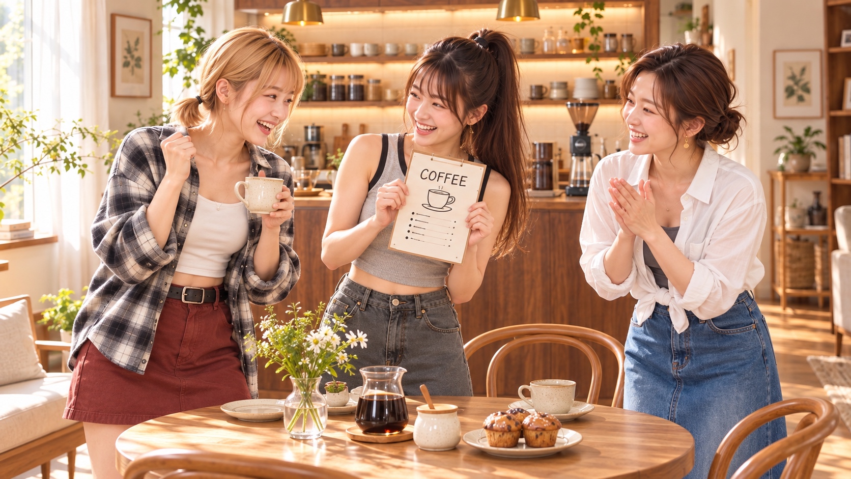 本格的なおうちカフェのテーブルで、笑顔と弾む仕草で開店を楽しむ家族3人