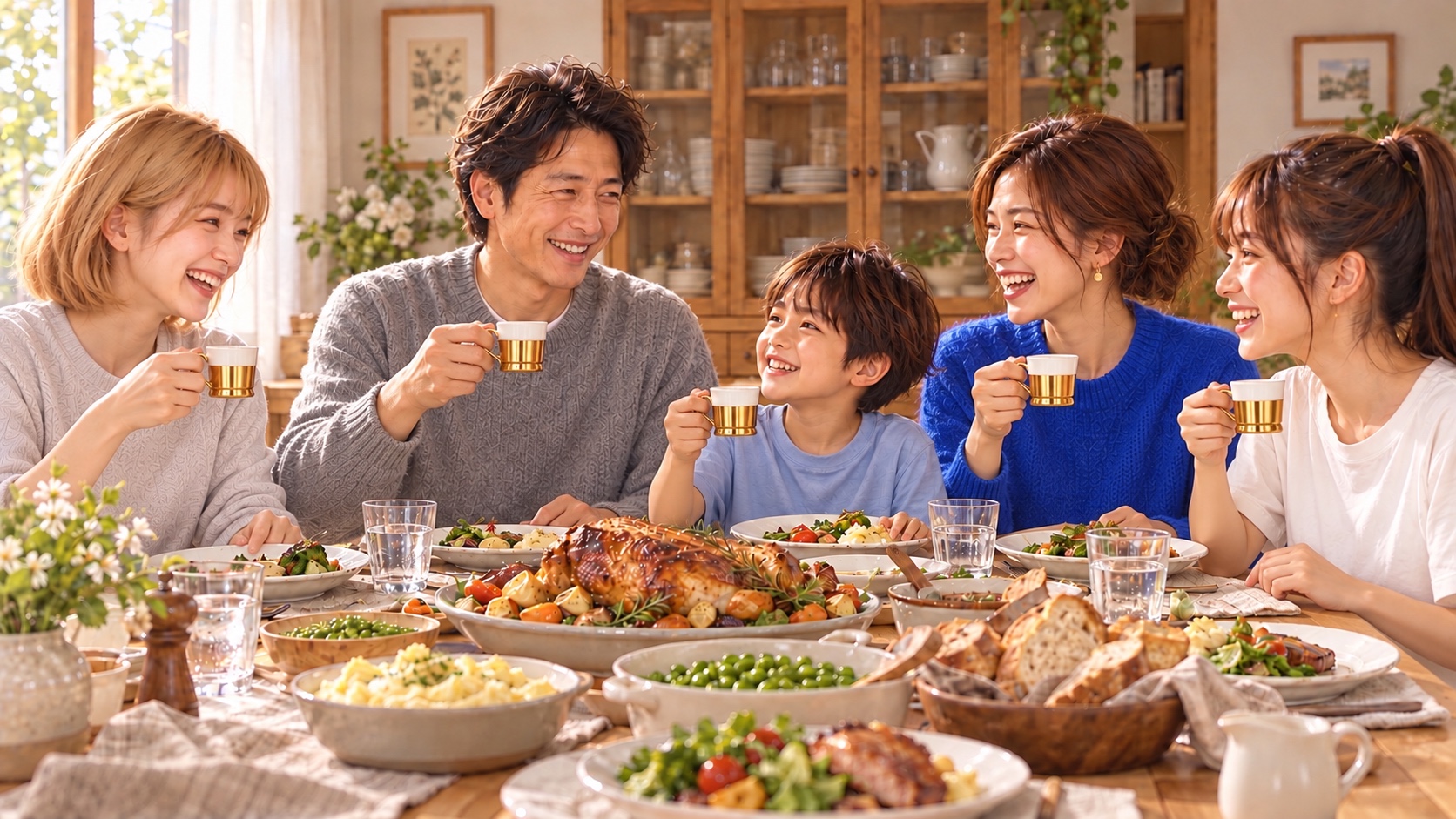 家族5人がアイキャッチと同じ白と金色の小さなカップを掲げ、笑顔で乾杯する場面。