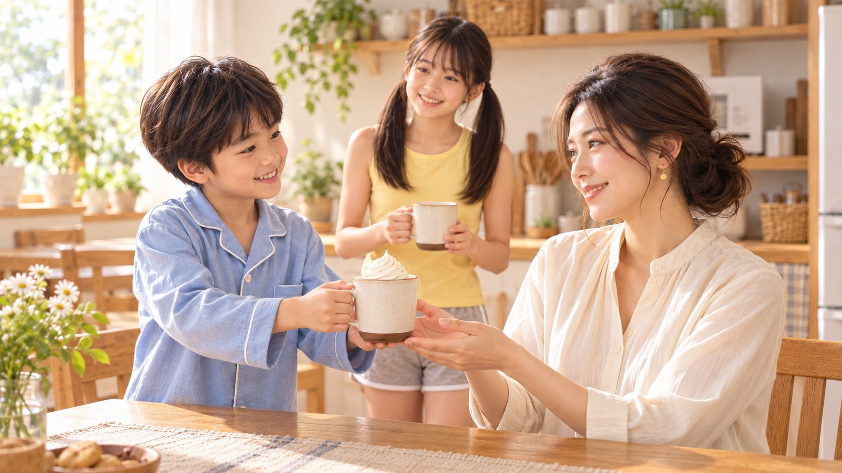 YUTAがホイップを乗せたミルクコーヒーをKANNAに差し出し、YUMEが自分のミルクコーヒーを運ぶ場面