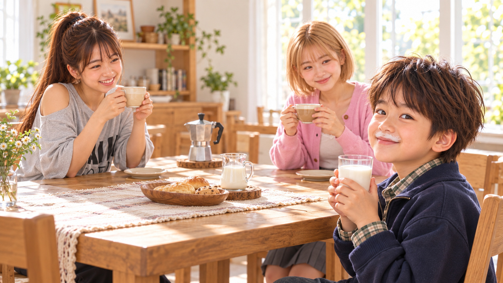 手前で牛乳ひげを見せるYUTAの横顔と、奥で向かい合いミルクの割合を飲み比べるYUMEとHINATA