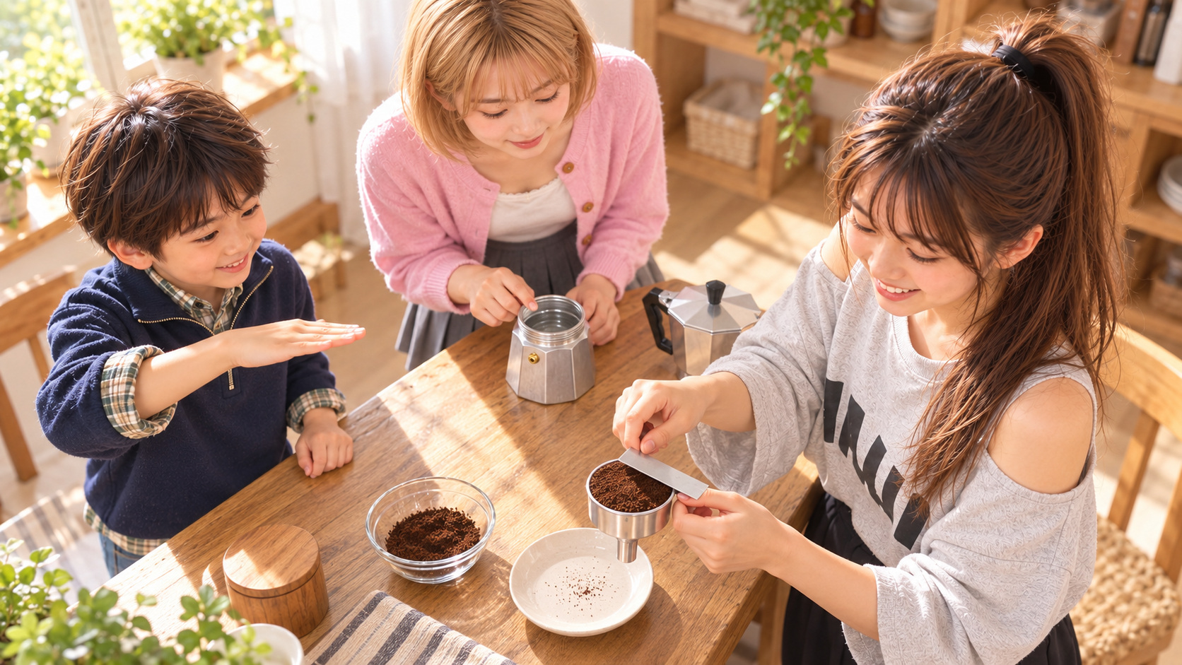 テーブルを斜め上から見た場面。粉をならすYUME、水平な掌で応援するYUTA、向こう側で水位を確認するHINATA