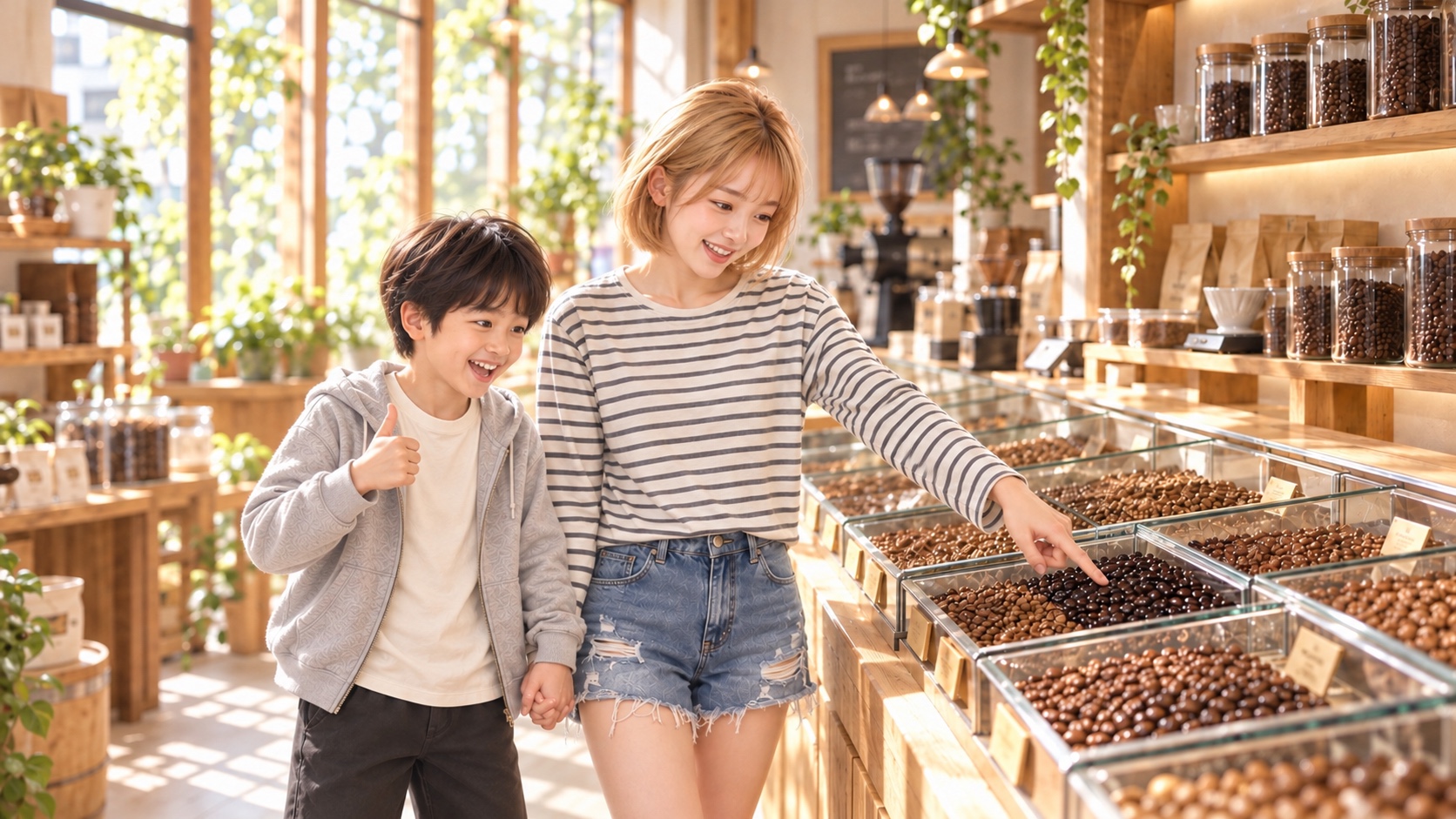 焙煎度の違う豆が並ぶ店で、HINATAがYUTAと手をつなぎながら深煎りの豆を指さして選ぶ場面