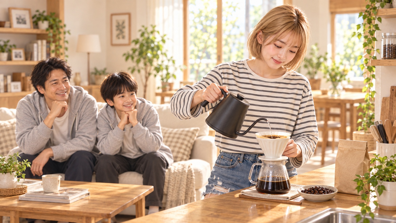 HINATAが買ってきた深煎り豆をドリップで淹れ、ソファのTAKERUとYUTAができあがりを待つ場面