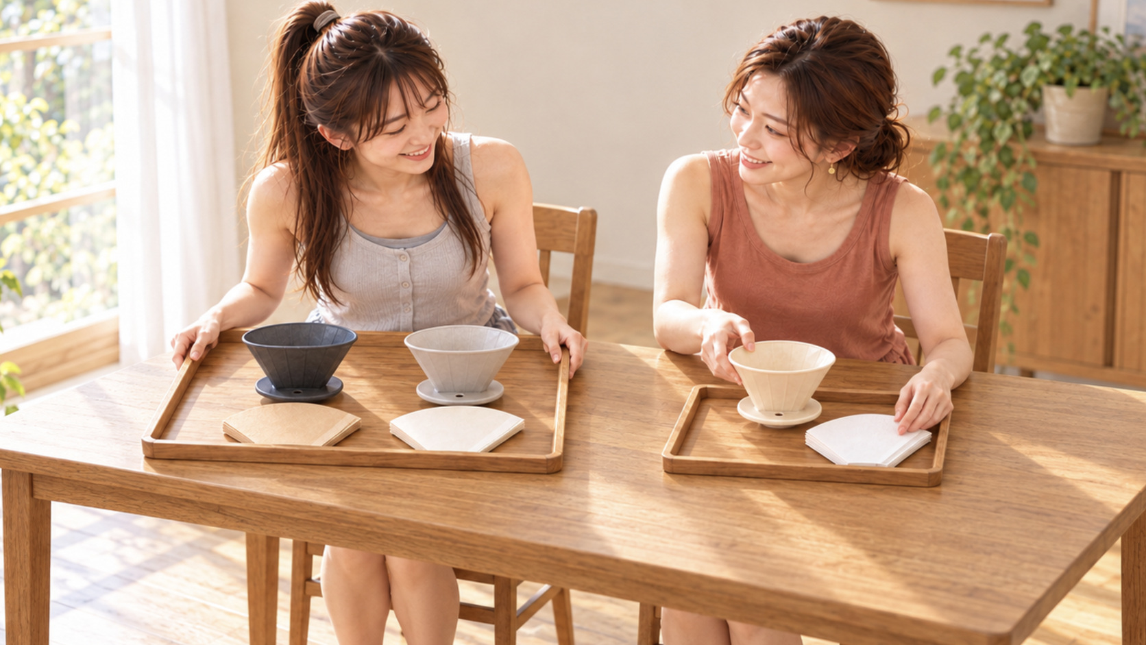 大きなトレーの候補から、一台のドリッパーと対応する紙を小さなトレーへ移すカンナと、照れ笑いするユメ