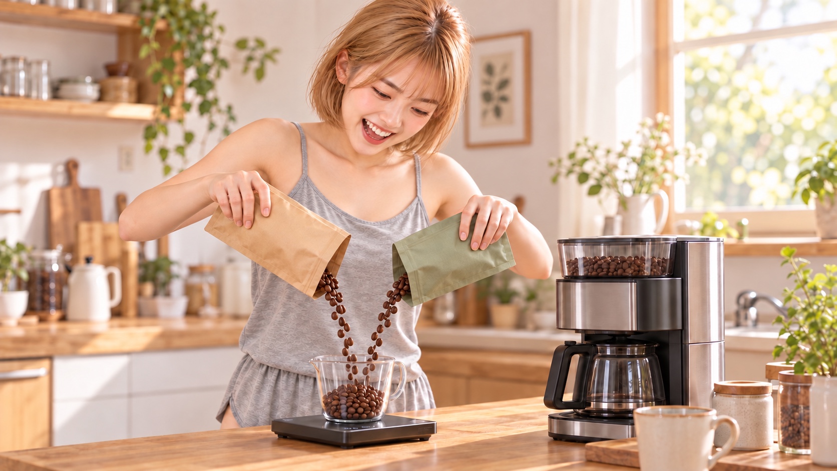 二つのコーヒー豆の袋から両手で同時に豆を注ぎ、オリジナルブレンド作りを満面の笑顔で楽しむHINATA