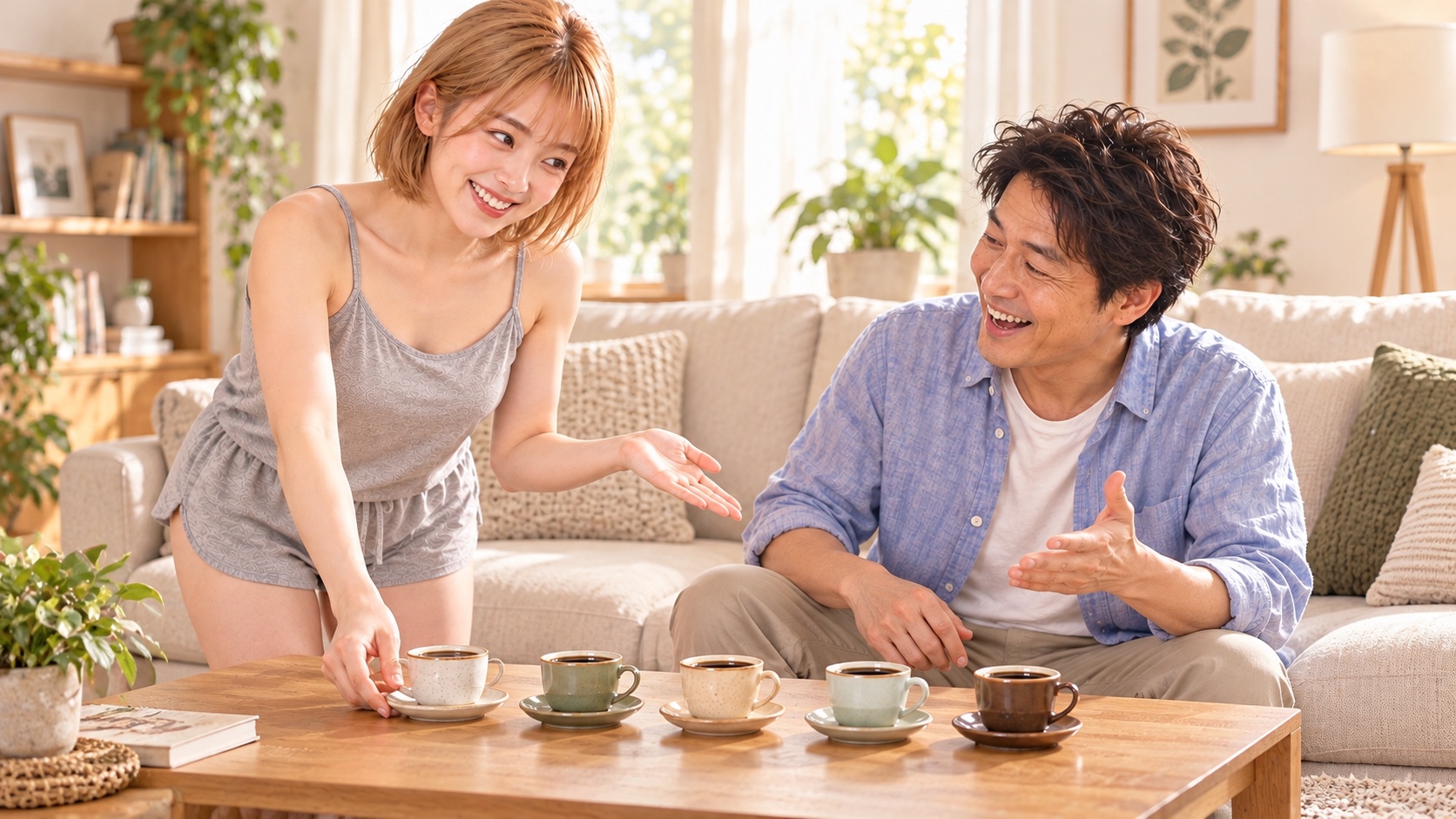 リビングのソファーテーブルに自作ブレンドのコーヒー5杯を並べて得意げにすすめるHINATAと、ソファで笑うTAKERU