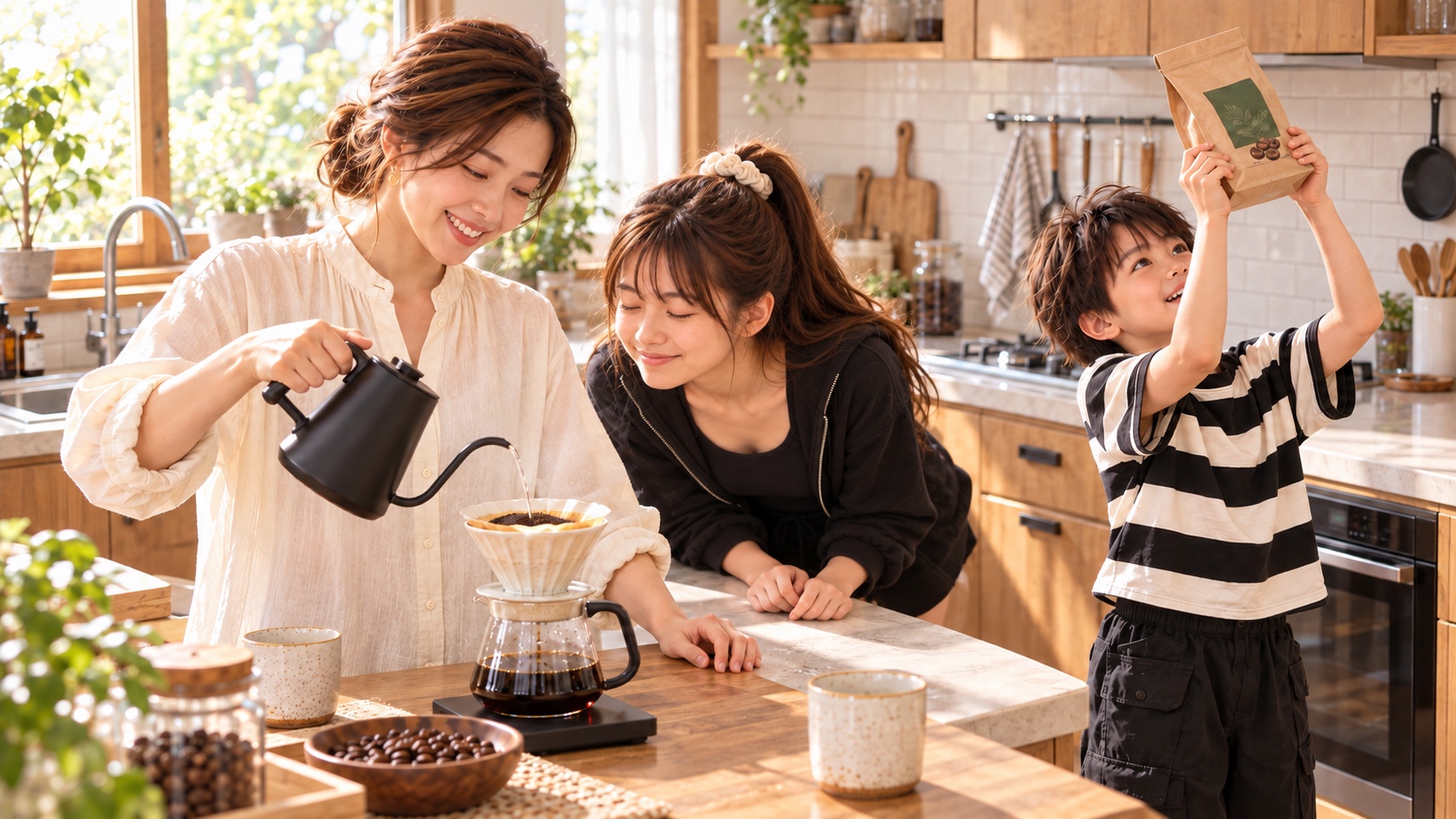 キッチンでコーヒーを淹れ、香りや豆の袋を楽しむ家族3人
