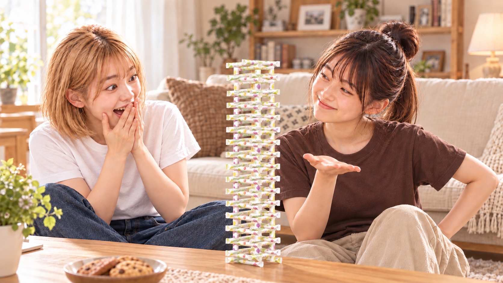 リビングでスティックシュガーを目線の高さまでジェンガのように積み上げてドヤ顔をする妹と、大きく驚く姉。