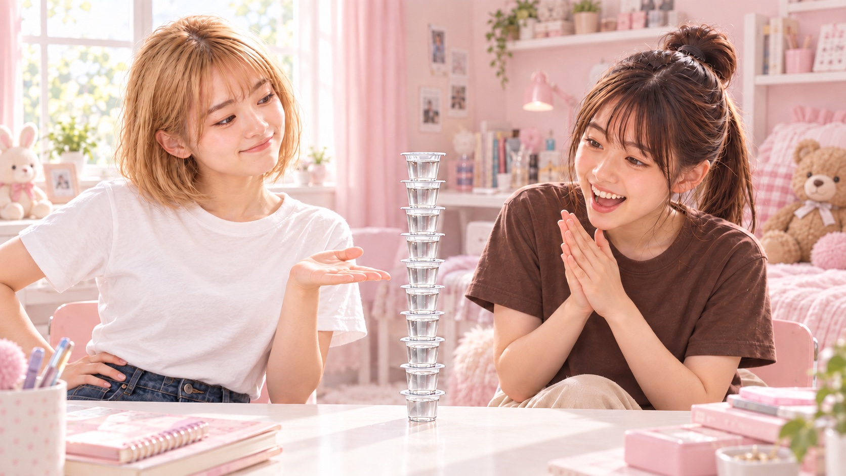 部屋でガムシロップ10個の塔を誇らしげに見せる姉と、驚いて拍手する妹。