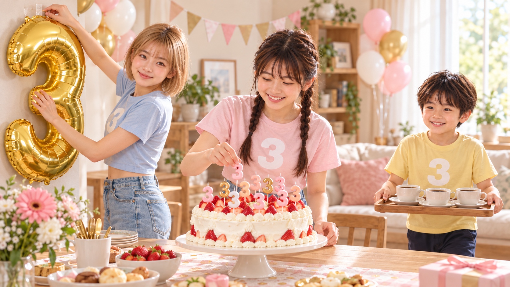 HINATAが巨大な金色の3バルーンを壁に貼り、YUMEがケーキに多数の3形ローソクを挿し、YUTAがトレーでコーヒーを運ぶ三周年パーティーの準備風景
