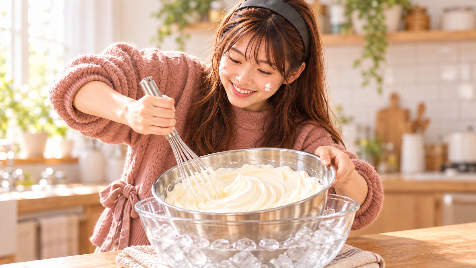両頬にクリームを付けた次女が、氷水で冷やしたボウルの大量のクリームを泡立てる手元と表情が大きく見える場面