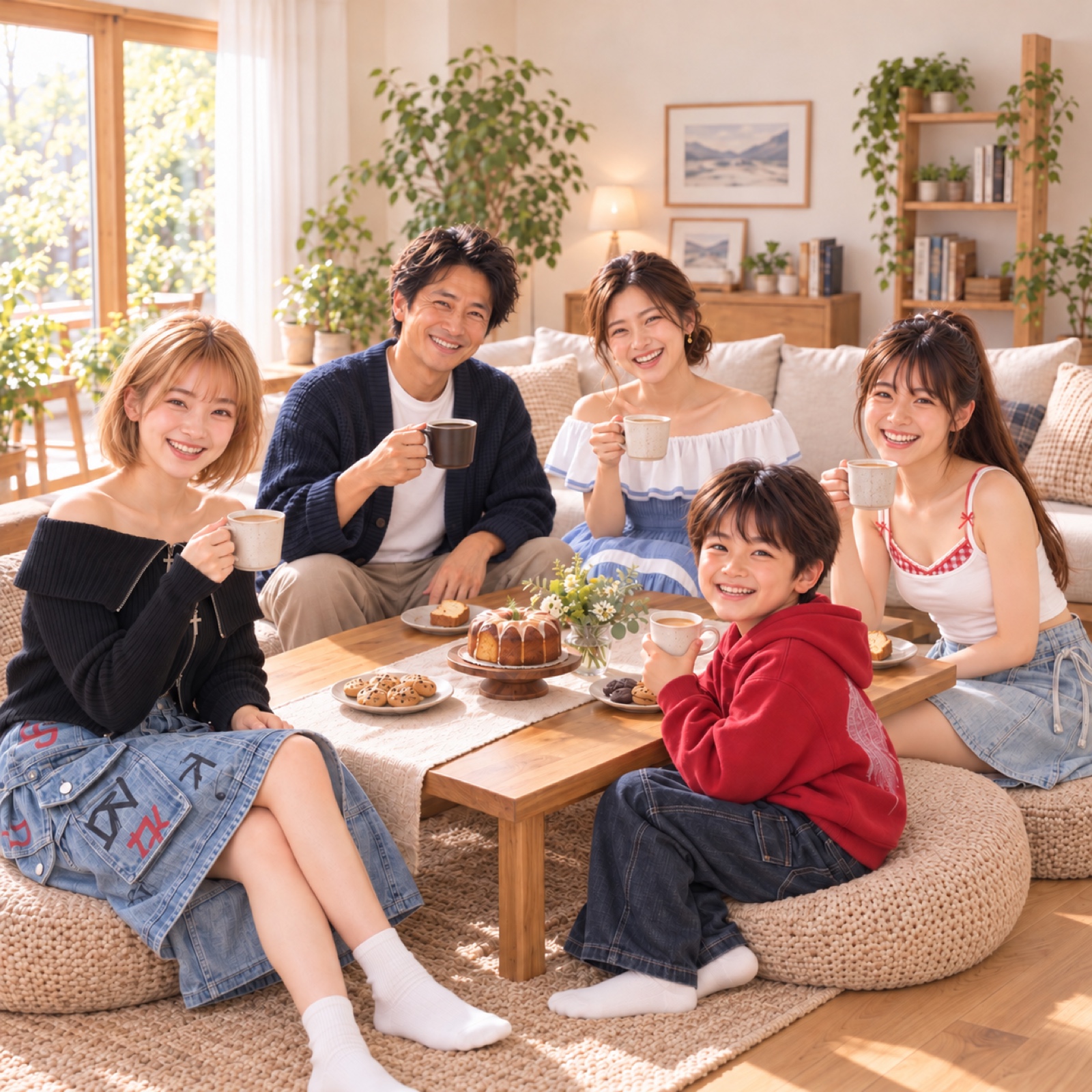 コーヒーとおやつを囲み、家族5人が明るい笑顔で記念写真を撮るひととき