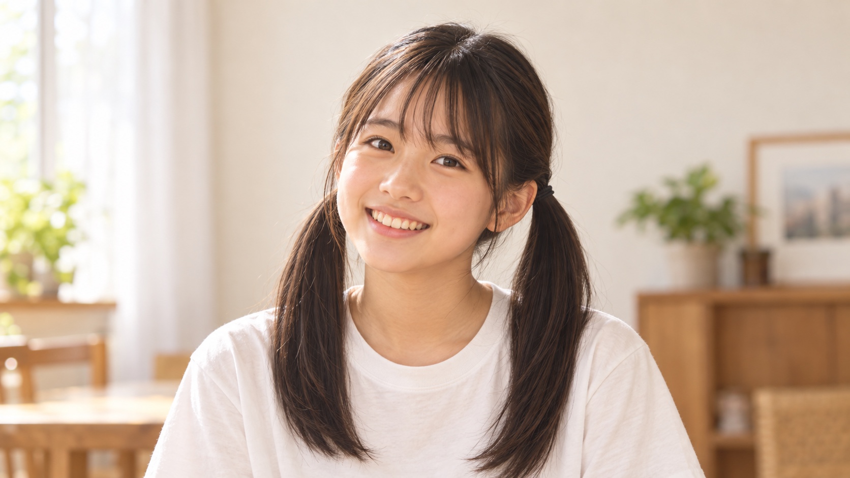 こげ茶のツインテールと白いTシャツで笑う次女、YUME