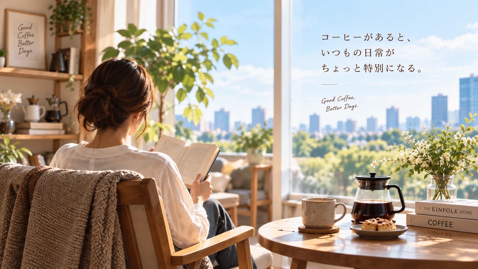 明るい窓辺でコーヒーと読書を楽しむ女性。コーヒーがあると、いつもの日常がちょっと特別になる。
