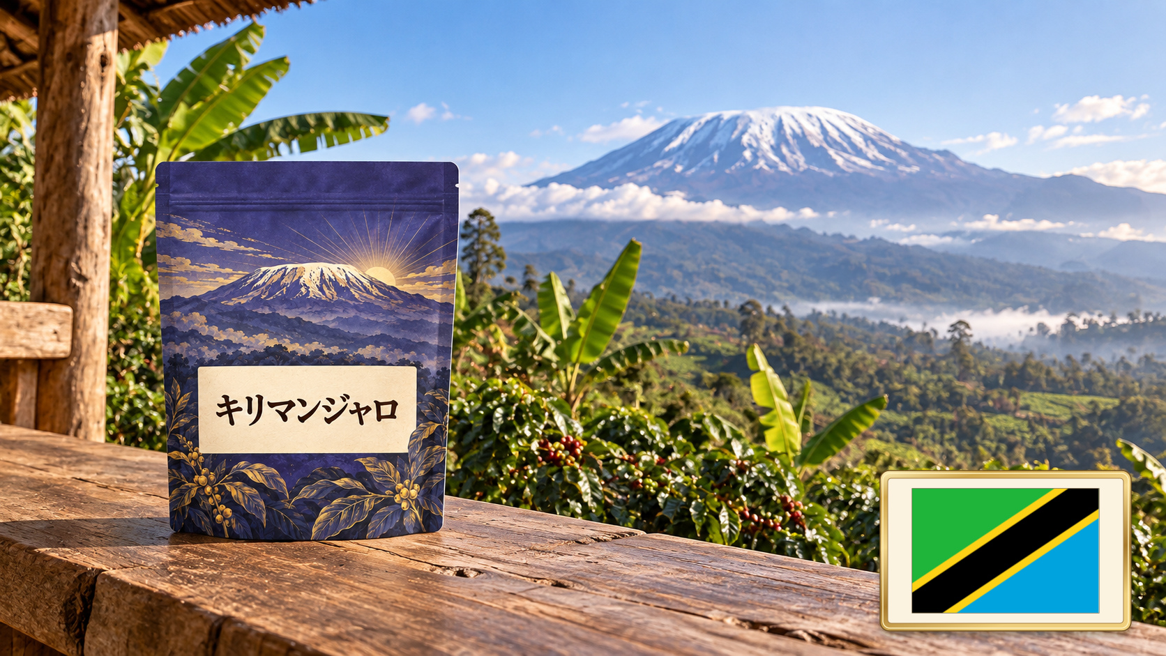 産地をイメージした風景に「キリマンジャロ」のパッケージを置いた写真風の画像。右下に統一サイズの枠付き国旗
