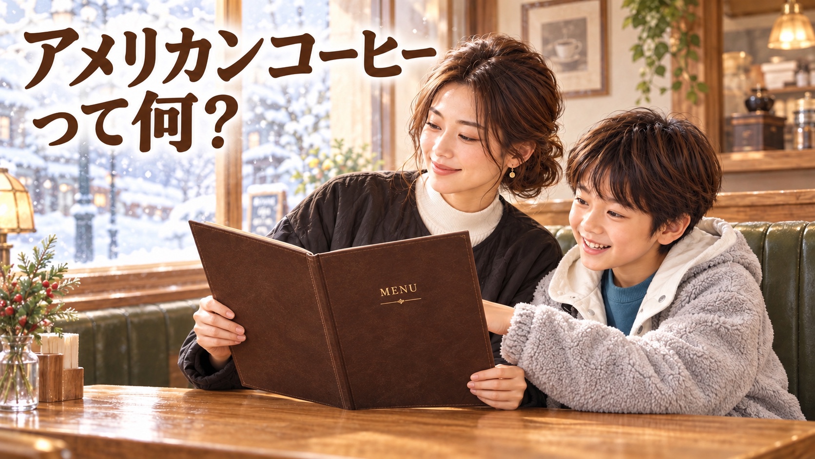 冬の喫茶店でKANNAが開いたメニューの内側をYUTAが指さして選び、手前にはMENUと書かれた表紙が見える