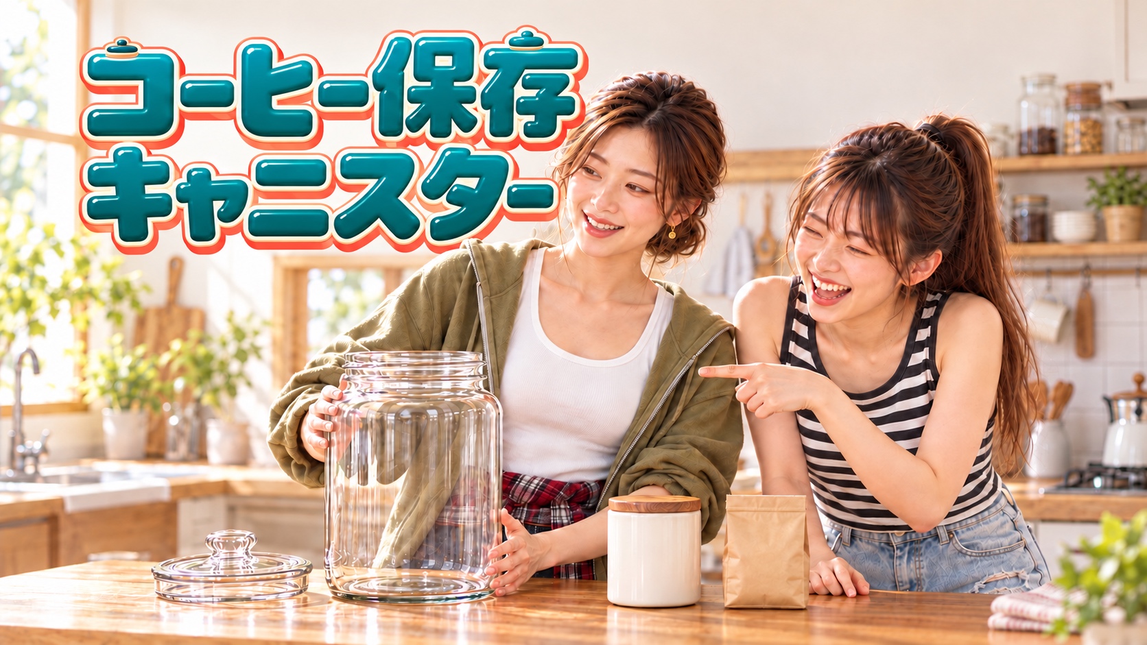 カーキのパーカー姿のKANNAが保存瓶を支え、YUMEが瓶を指さして大笑いする場面と、艶のあるターコイズの字形をアイボリーとコーラルで縁取った「コーヒー保存キャニスター」のタイトルロゴ
