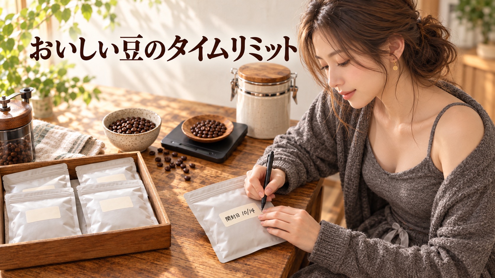木の作業台で、KANNAがコーヒー豆の袋に開封日を書いている場面
