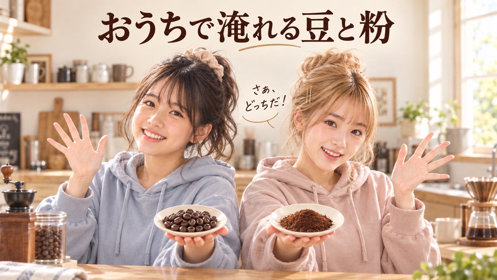 パーカー姿のYUMEとHINATAが、コーヒー豆と粉の小皿を差し出して笑う自宅のキッチン