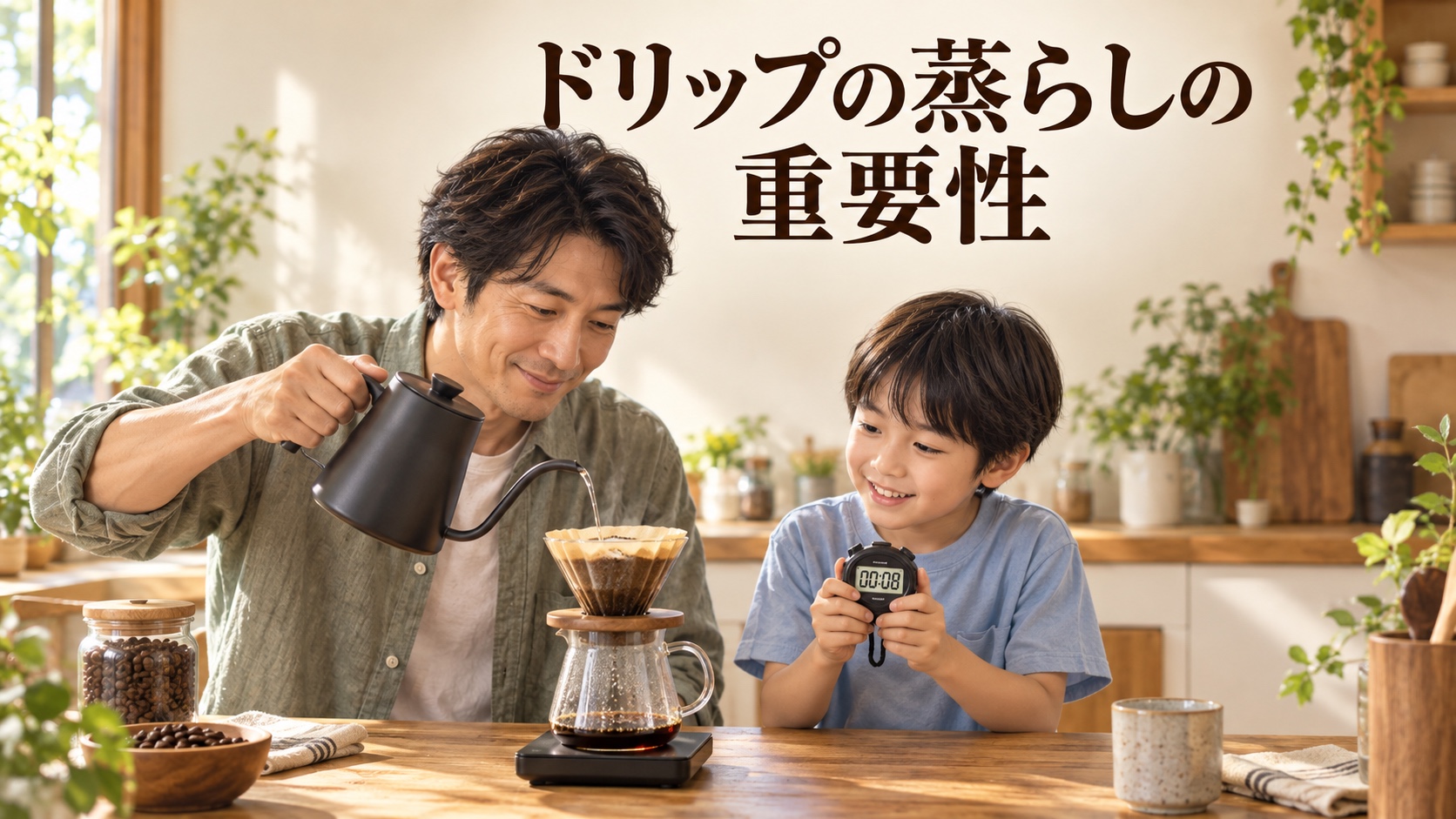 家庭のキッチンで父TAKERUがコーヒーを蒸らし、息子YUTAがストップウォッチで時間を測る場面