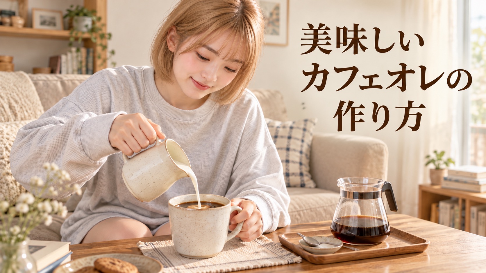 金髪ボブのHINATAが、家のリビングでグレーの部屋着を着て、コーヒーに温めた牛乳を注いでカフェオレを作る場面と「美味しいカフェオレの作り方」のタイトル