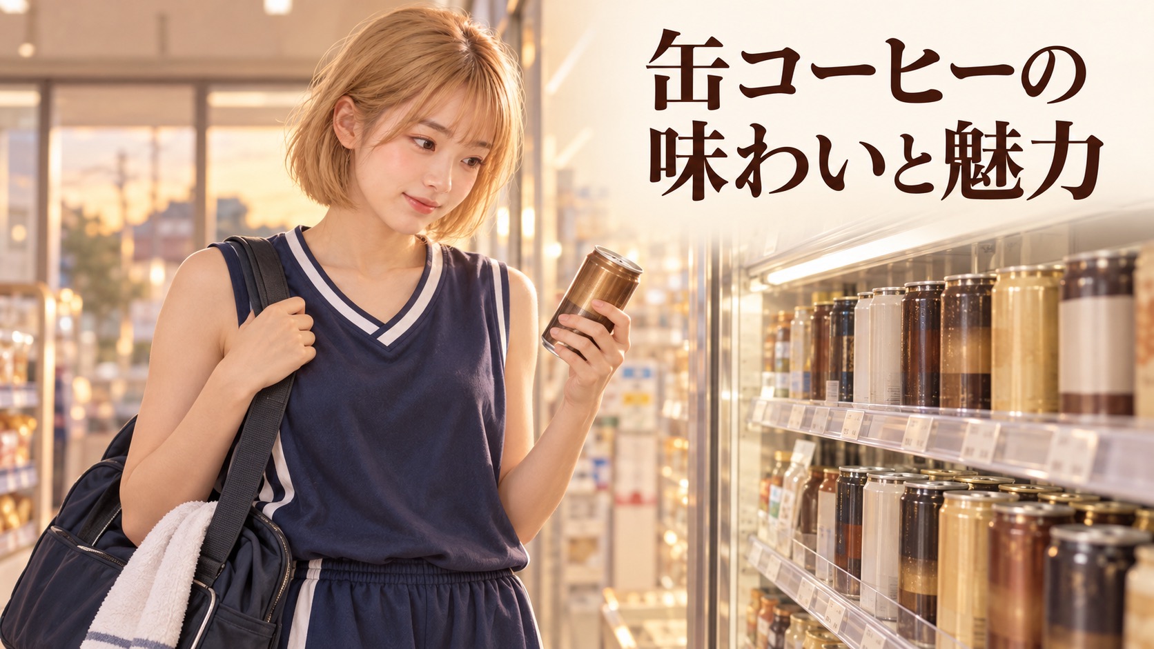バスケ部帰りの金髪ボブのHINATAが、ユニフォーム姿でコンビニの缶コーヒーを選ぶ場面と「缶コーヒーの味わいと魅力」のタイトル