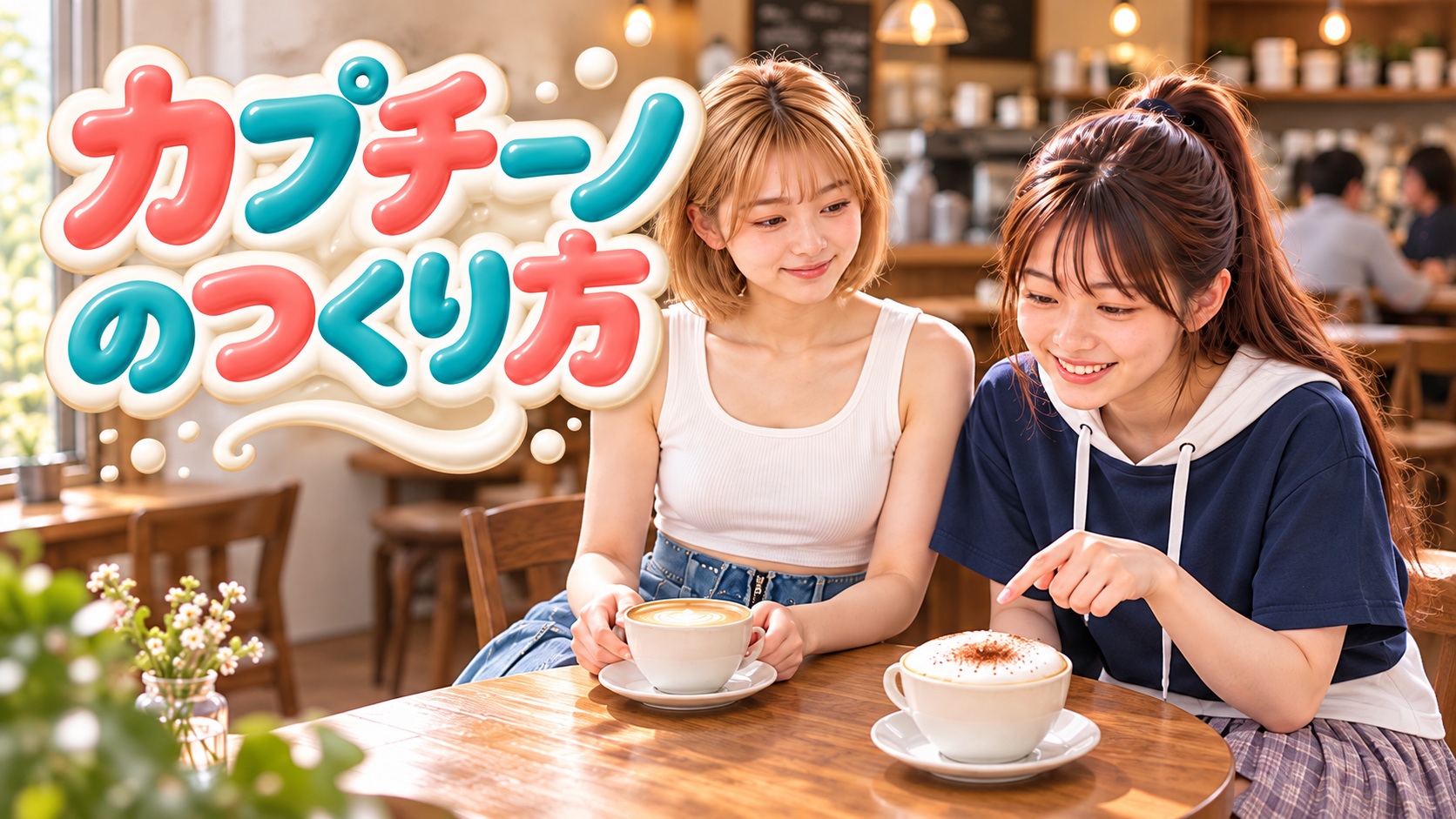 カフェでカプチーノとラテの泡を見比べるYUMEとHINATA。カラフルな泡文字で「カプチーノのつくり方」。