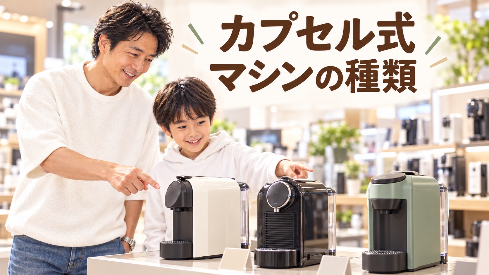 家電量販店のコーヒーマシン売り場で、厚手の白いTシャツとジーンズのTAKERUが、白いパーカーとジーンズのYUTAと一緒にマシンを選ぶ場面