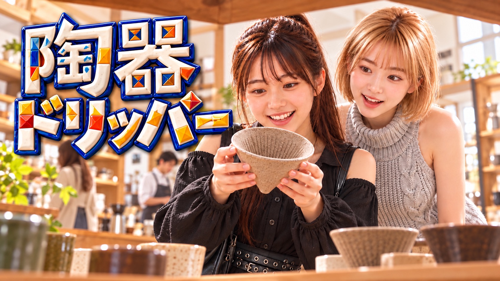 ショップの棚から見上げたYUMEとHINATA。紙不要の陶器フィルターを手に取り、青・白・黄・赤のタイル風文字で陶器ドリッパーと描かれている。