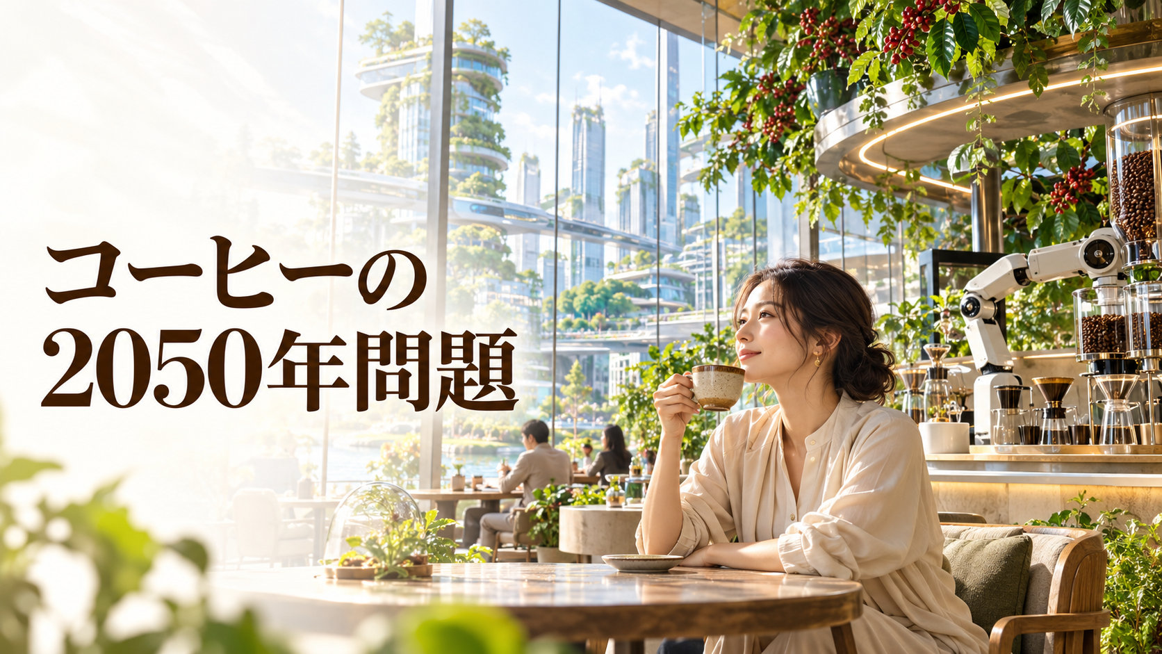 緑に囲まれた未来のカフェでコーヒーを楽しむ人と、栽培や抽出の変化を描いたイメージ