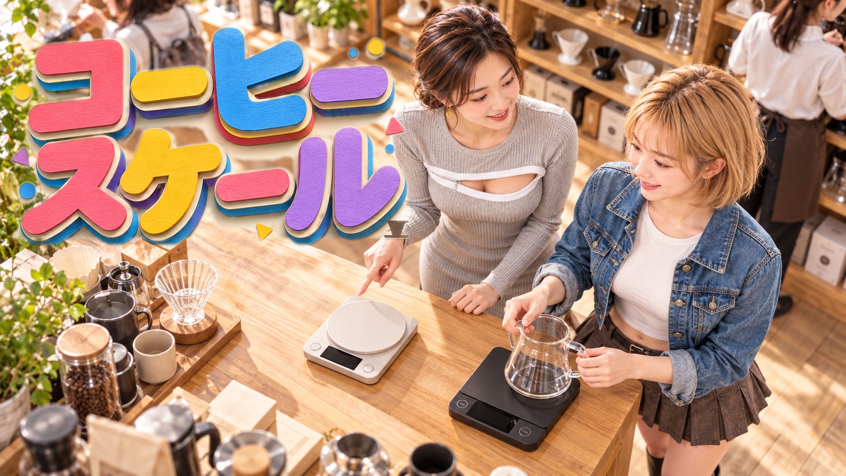 ショップでコーヒースケールを比べるHINATAとKANNA。カラフルなコーヒースケールの題字。