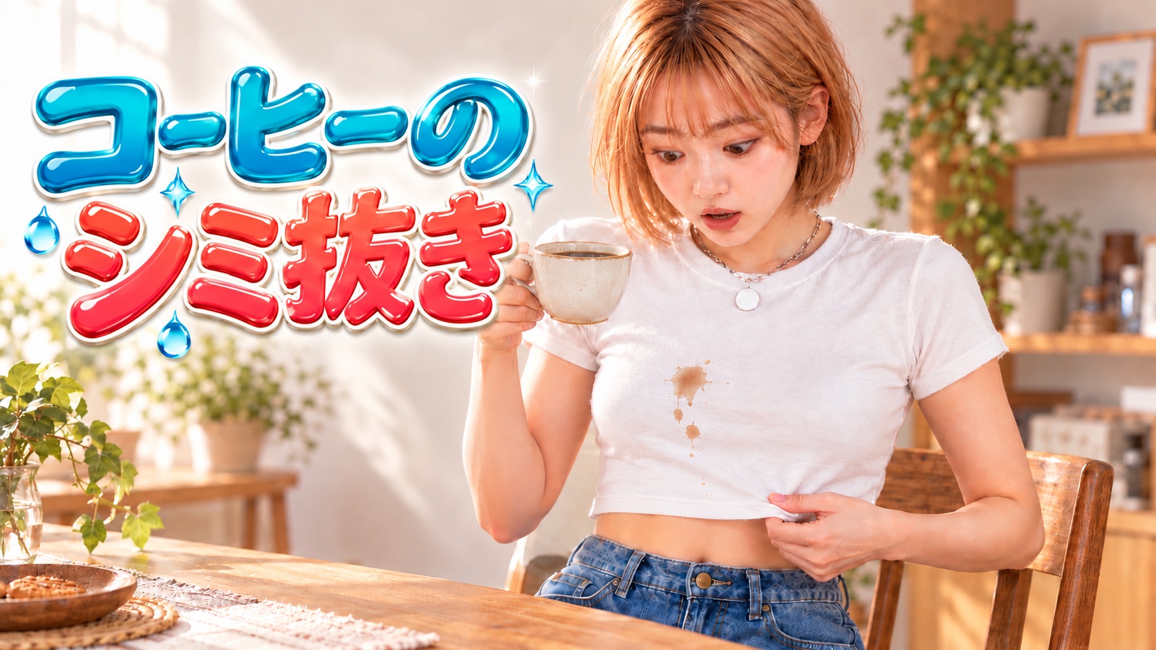 白い無地のTシャツにコーヒーをこぼし、シミを見て驚くHINATA