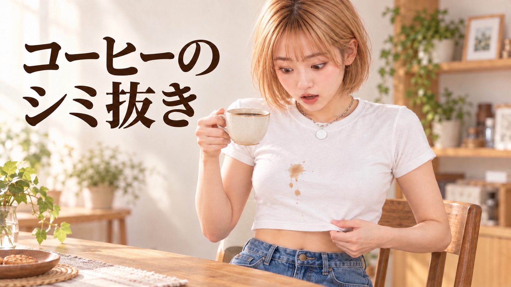 白い無地のTシャツにコーヒーをこぼし、シミを見て驚くHINATA