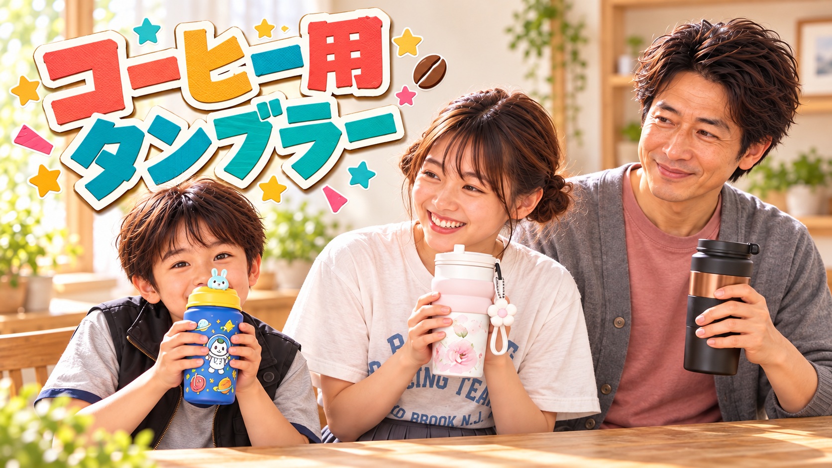 切り紙風のコーヒー用タンブラーのタイトルと、それぞれ柄や素材にこだわった愛用品を手にする3人