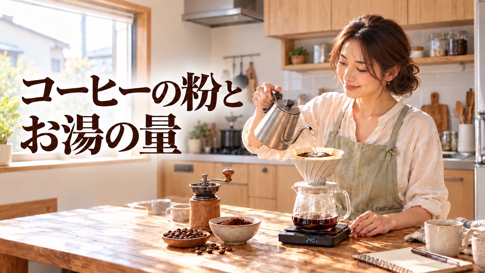 低い位置に髪をまとめたKANNAが、家庭のキッチンでスケールの量を確かめながらコーヒーを淹れるイラスト