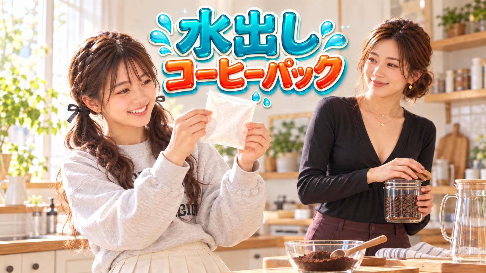 YUMEが光に透かして水出し用の空袋を確かめ、KANNAがコーヒー豆の瓶を開ける朝のキッチン