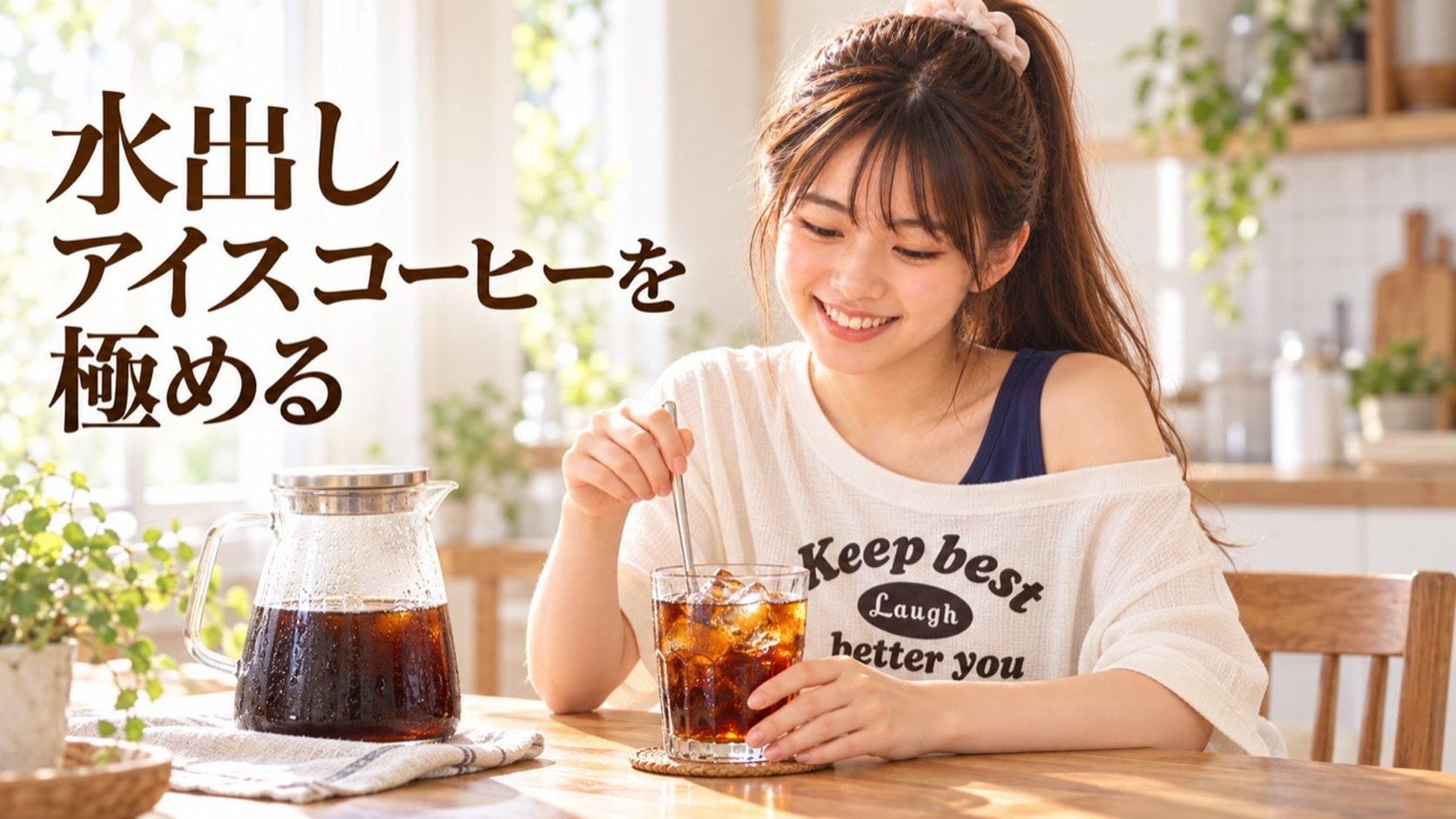 「水出しアイスコーヒーを極める」の見出しと、氷入りのコーヒーをマドラーで混ぜて微笑むYUME。テーブルには冷えた水出しサーバー
