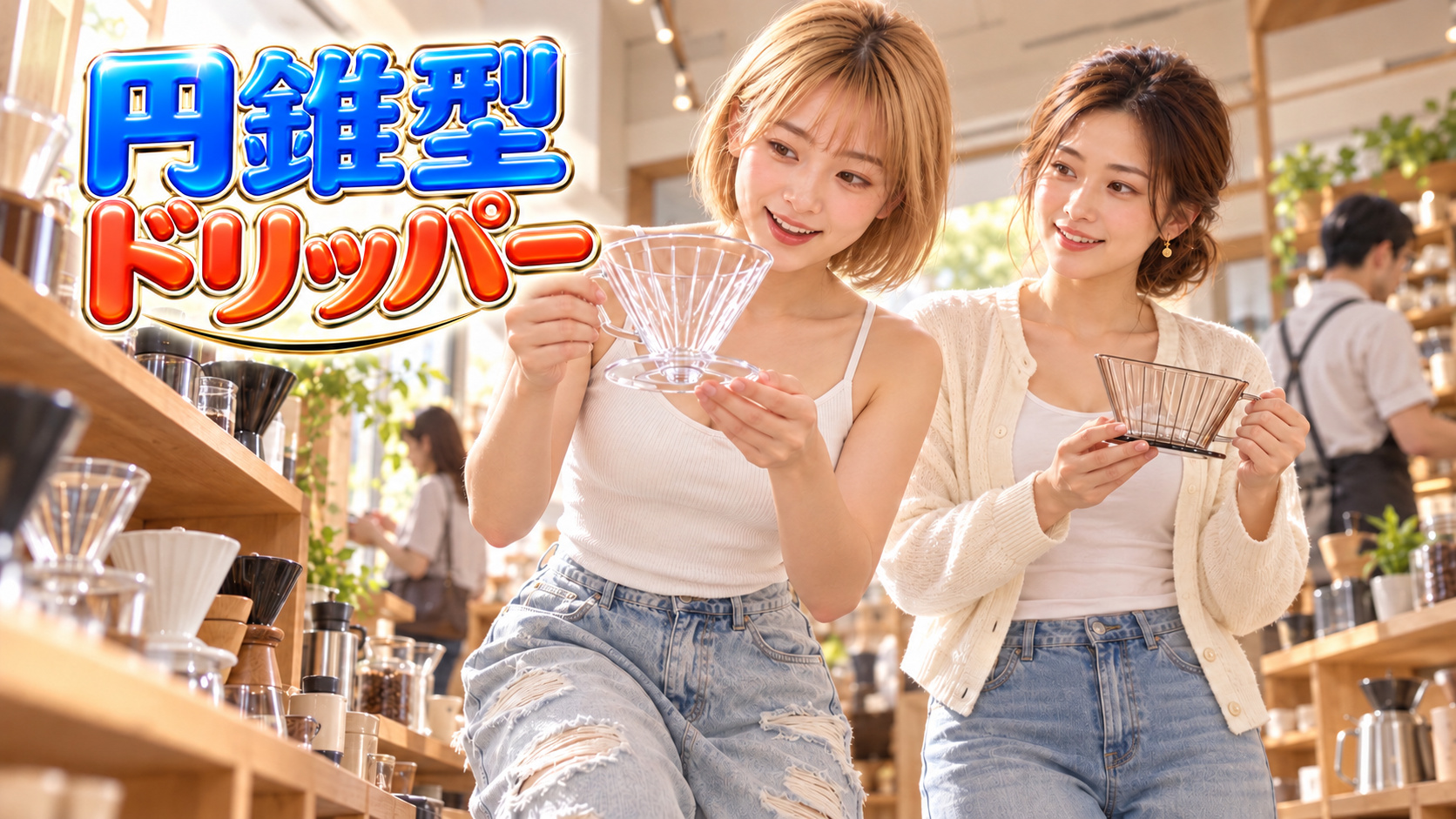 ショップで円錐型ドリッパーを手に取るHINATAと、台形を持って見比べるKANNA。