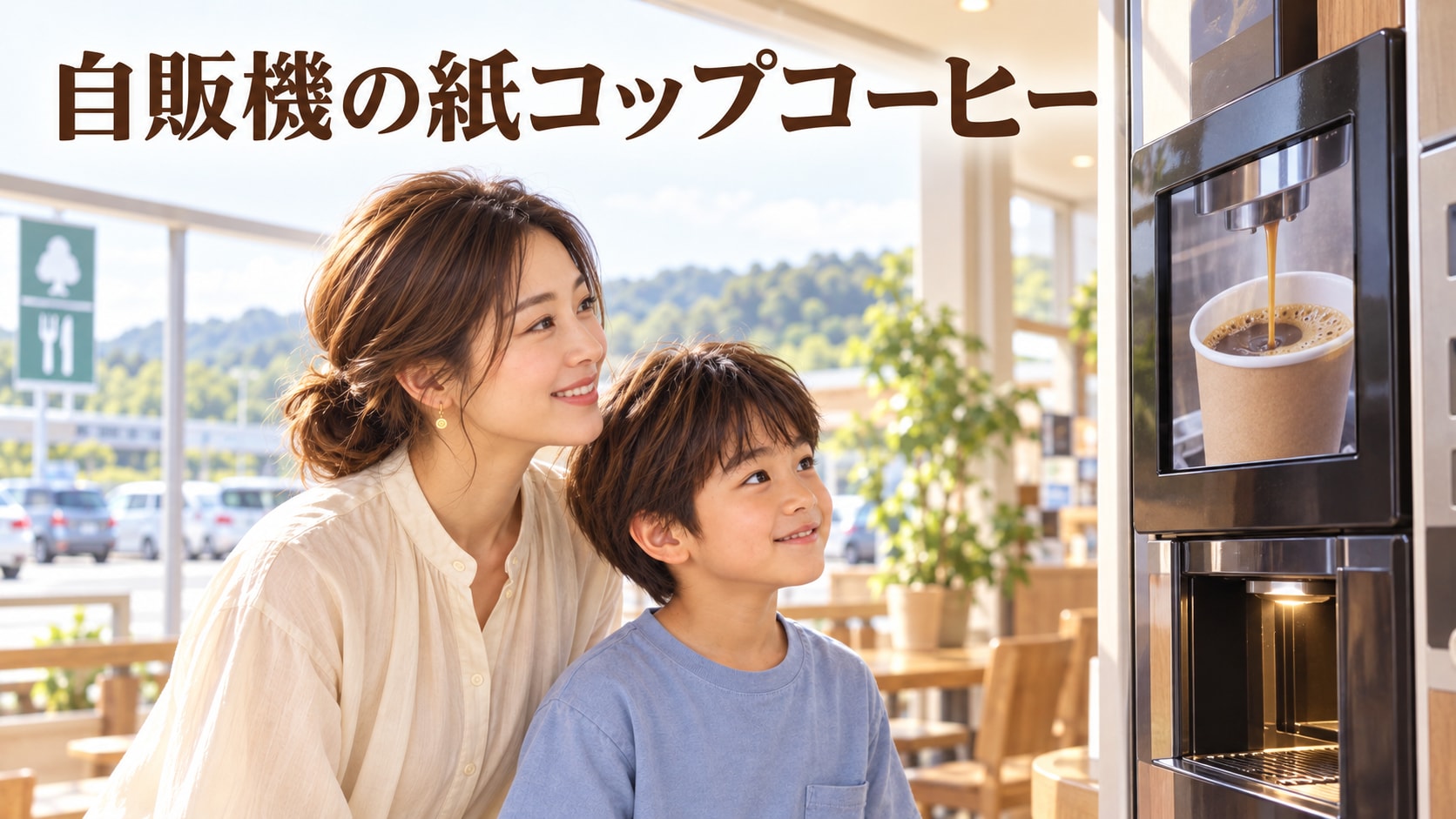 サービスエリアでKANNAとYUTAが紙コップ自販機の抽出映像を楽しそうに眺め、できあがりを待つ場面
