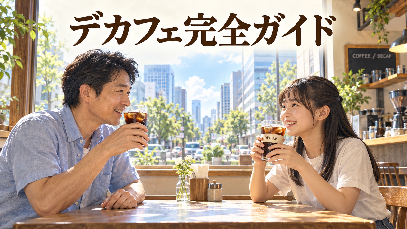 真夏の都会のコーヒーショップで、40代の父親が普通のアイスコーヒー、中学生の娘がデカフェのアイスコーヒーを楽しむ場面と「デカフェ完全ガイド」のタイトル