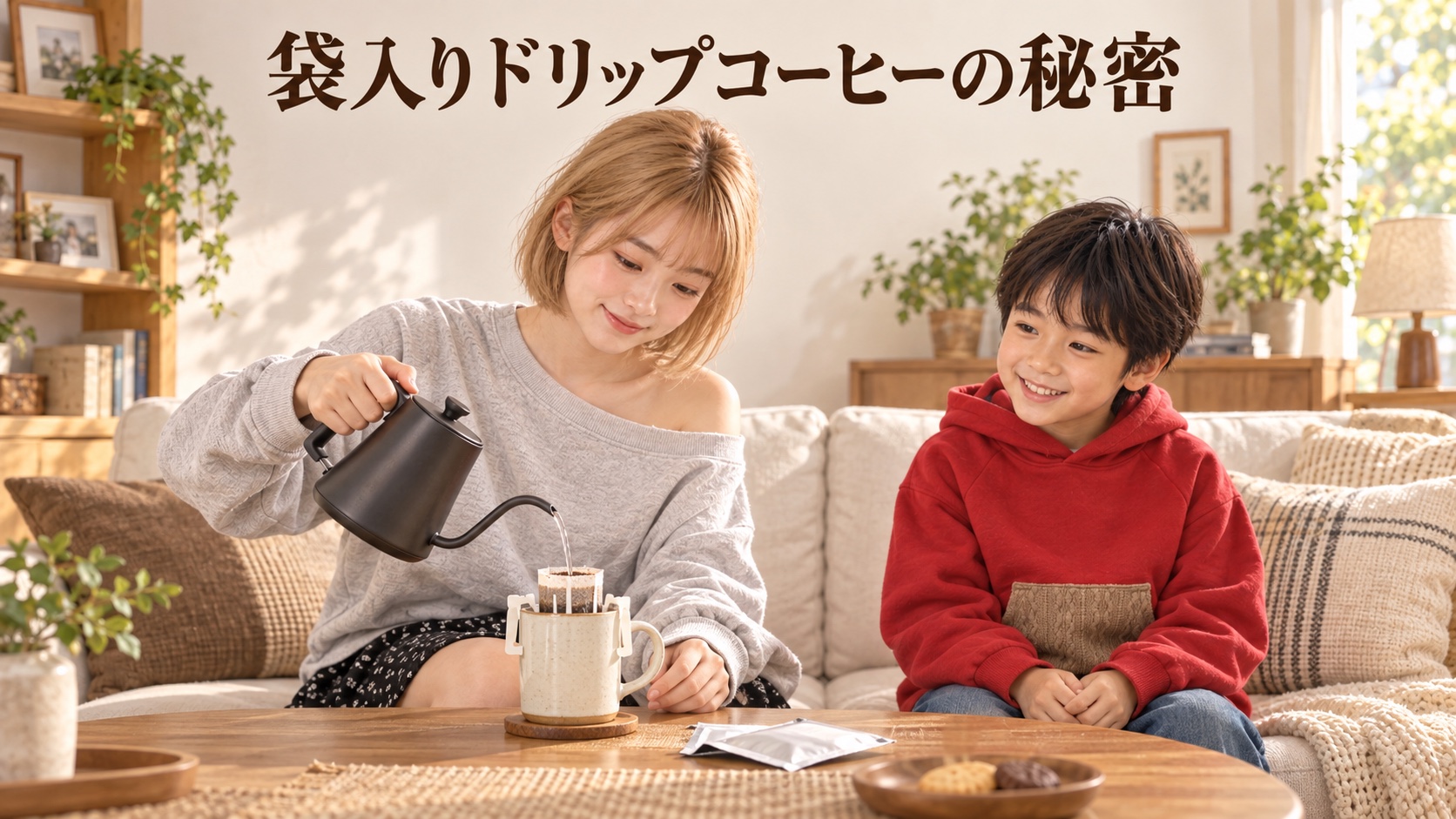 リビングのソファでドリップバッグを淹れるHINATAと、楽しそうに見守る赤いパーカーのYUTA