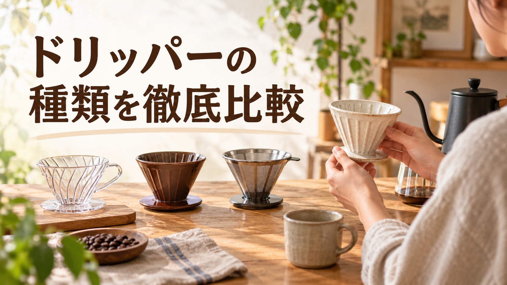 「ドリッパーの種類を徹底比較」と題した、陶器のドリッパーを手に持ち、木のテーブルにガラス・陶器・金属メッシュのドリッパーが並ぶタイトル画像