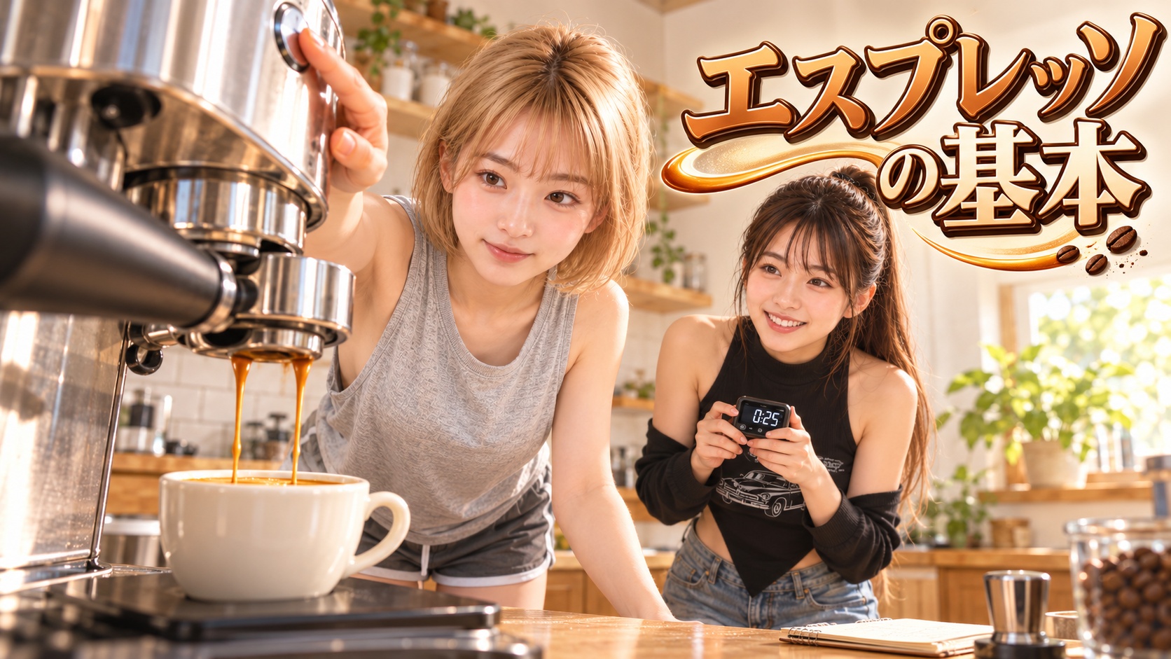 カップの高さから見上げたキッチンで、HINATAがエスプレッソを抽出し、奥のYUMEが時間を計る。