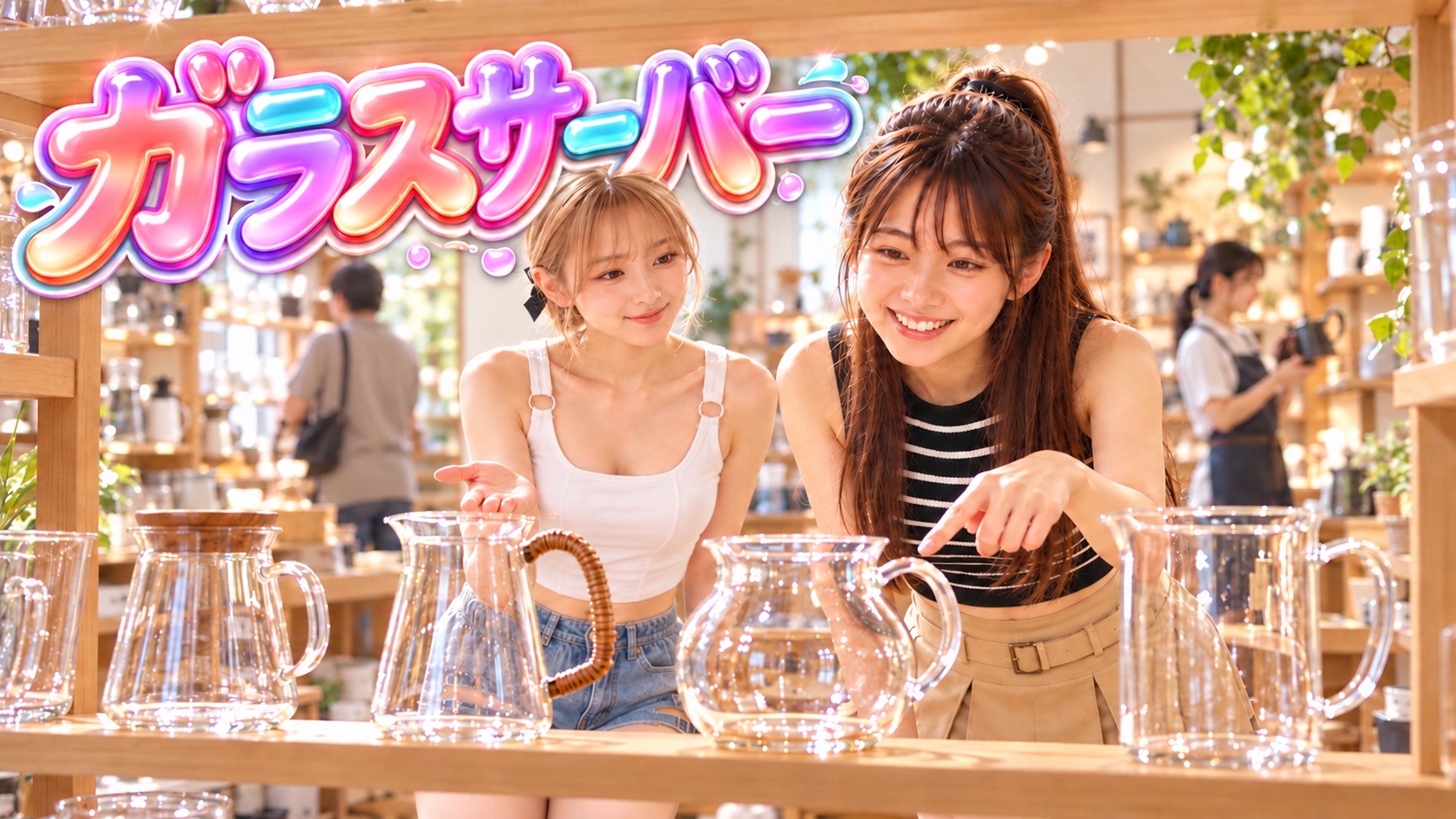 店内でガラスサーバーを見比べて目を輝かせるYUMEと、そばで選ぶのを手伝うHINATA。ガラスサーバーのカラフルなタイトル