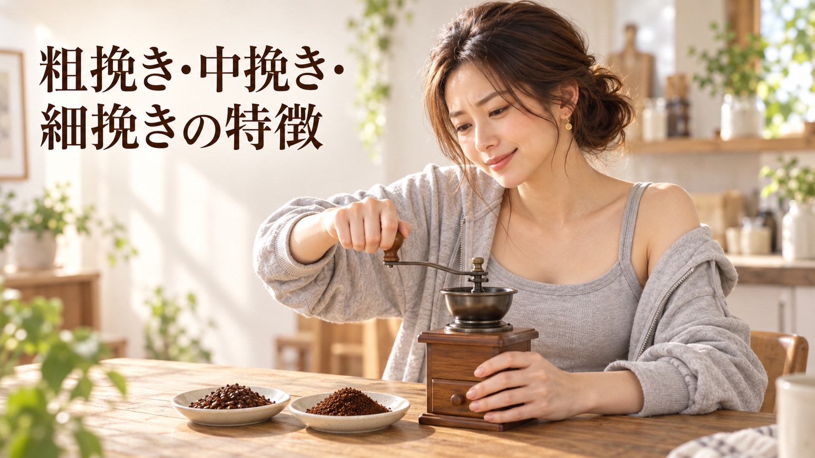 粗挽きと中挽きの粉を並べ、手挽きミルで細挽きに挑戦する母KANNA
